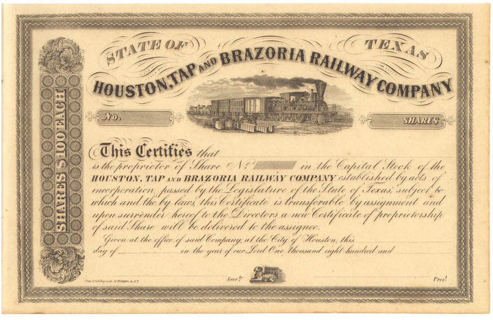 Houston, Tap and Brazoria Railway Company Stock Certificate