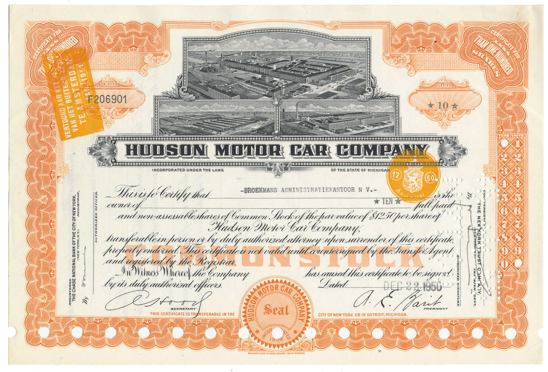A vintage Hudson Motor Car Company stock certificate from 1950