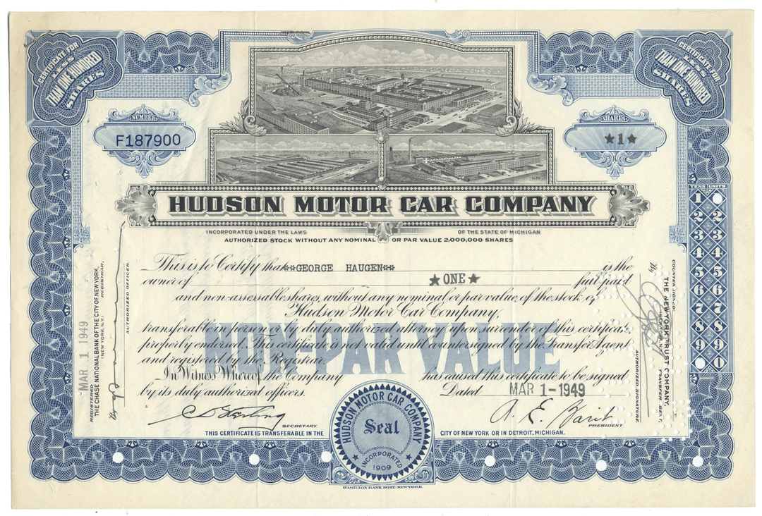 Hudson Motor Car Company Stock Certificate