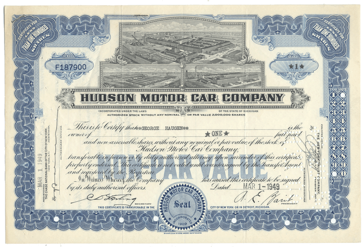 Hudson Motor Car Company Stock Certificate