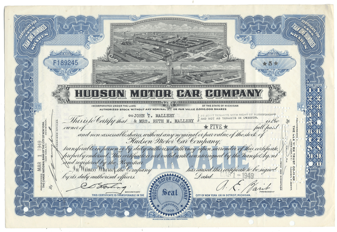Hudson Motor Car Company stock certificate with blue and black design