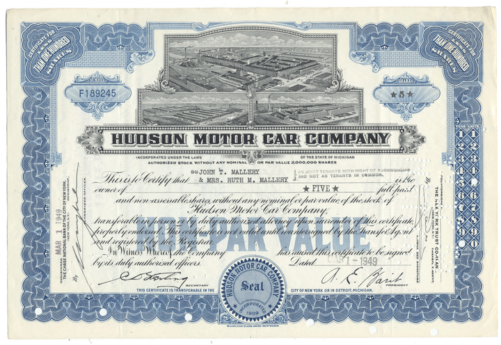 Hudson Motor Car Company stock certificate with blue and black design