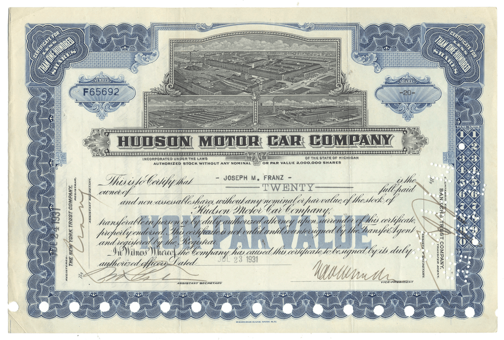Hudson Motor Car Company stock certificate with blue and black design