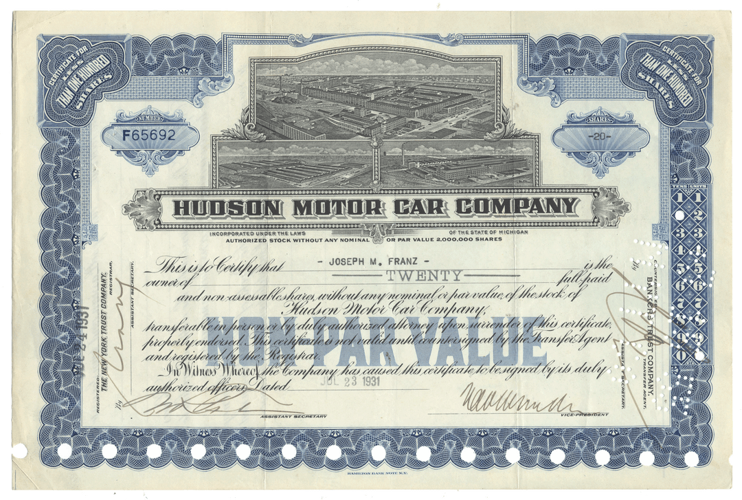 Hudson Motor Car Company stock certificate with blue and black design