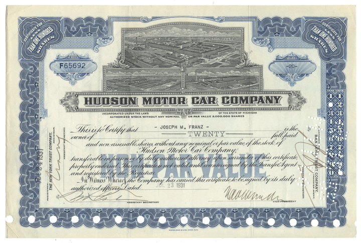 Hudson Motor Car Company stock certificate with blue and black design