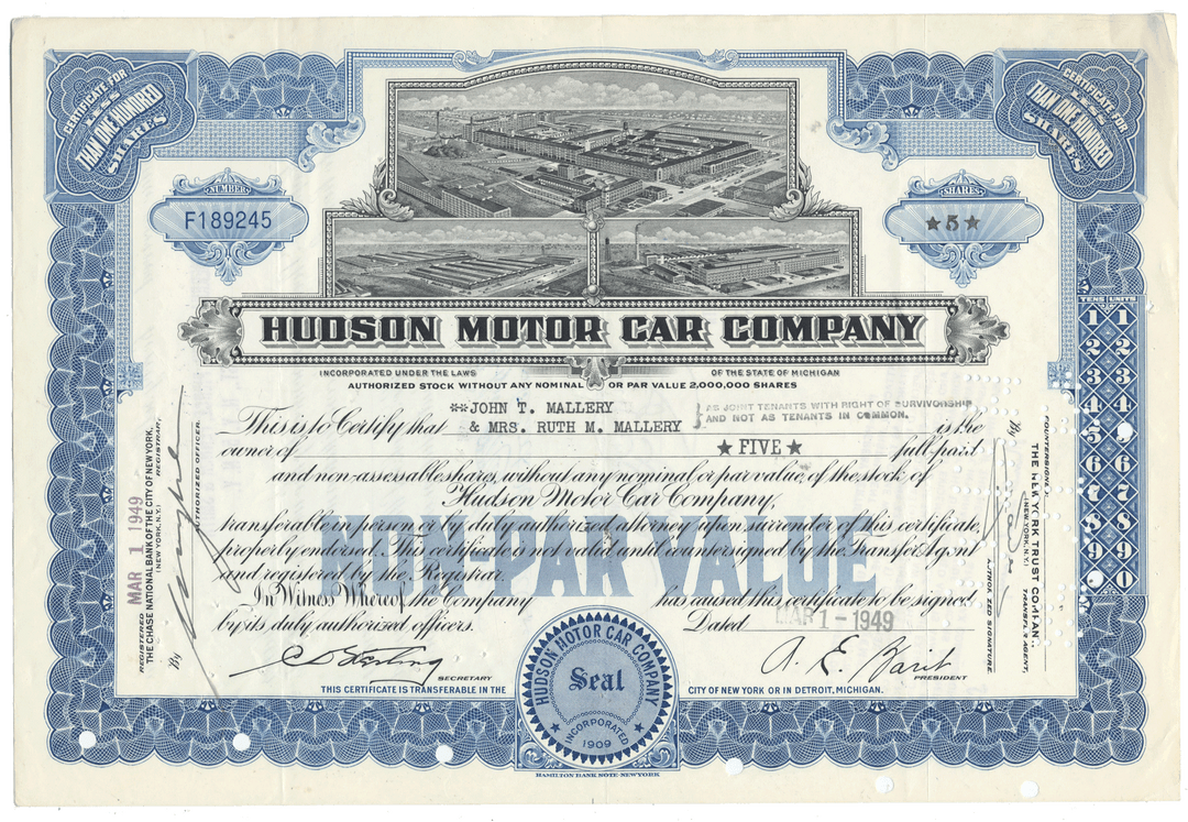 Hudson Motor Car Company stock certificate