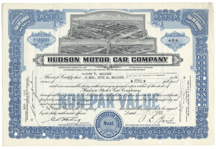 Hudson Motor Car Company stock certificate