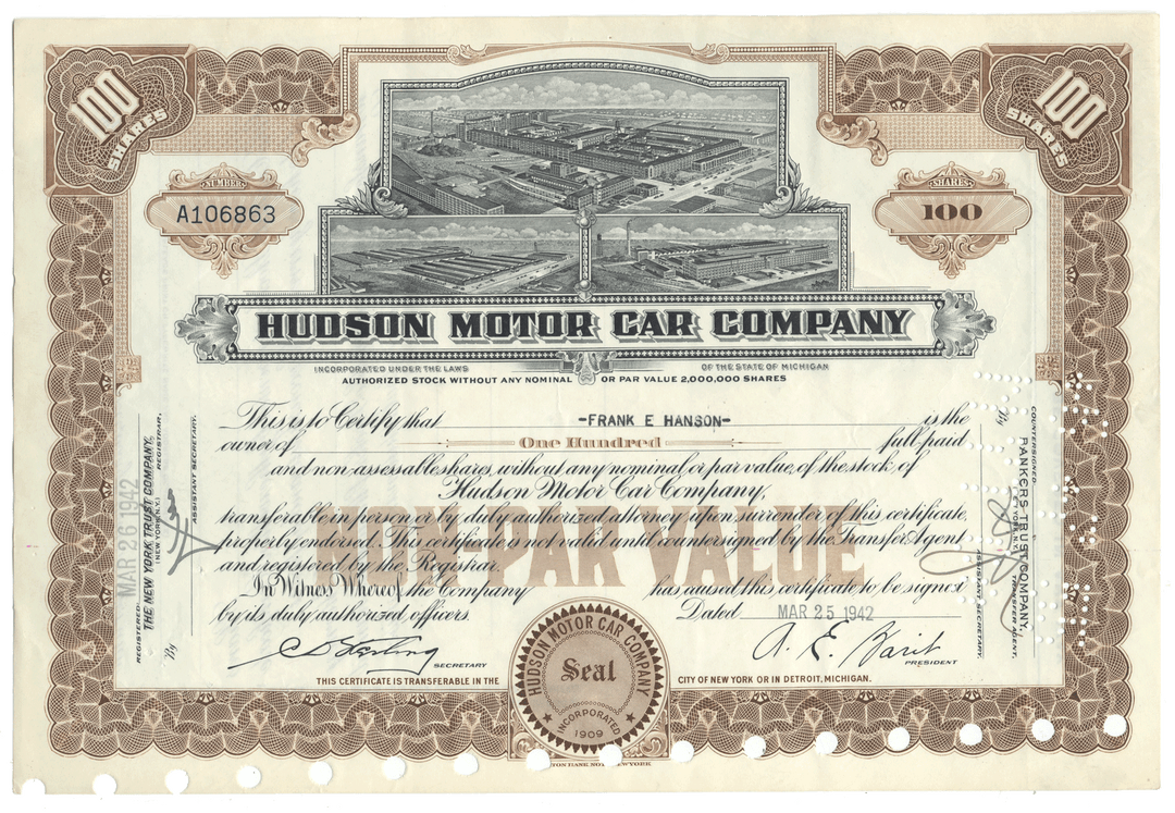 Hudson Motor Car Company Stock Certificate