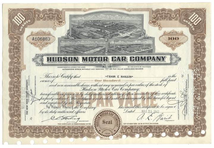 Hudson Motor Car Company Stock Certificate