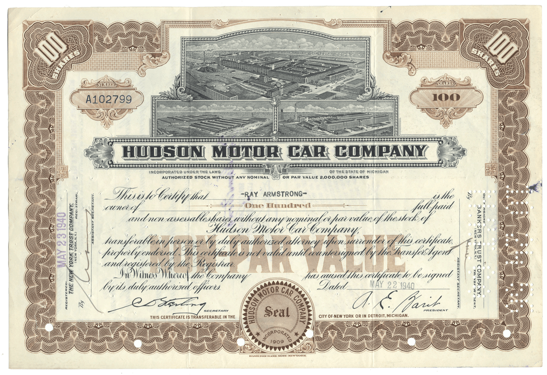 Hudson Motor Car Company stock certificate with detailed design and text.