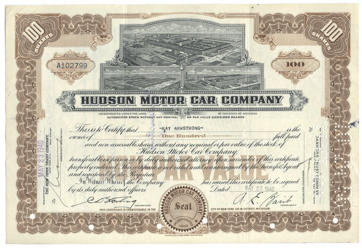 Hudson Motor Car Company stock certificate with detailed design and text.