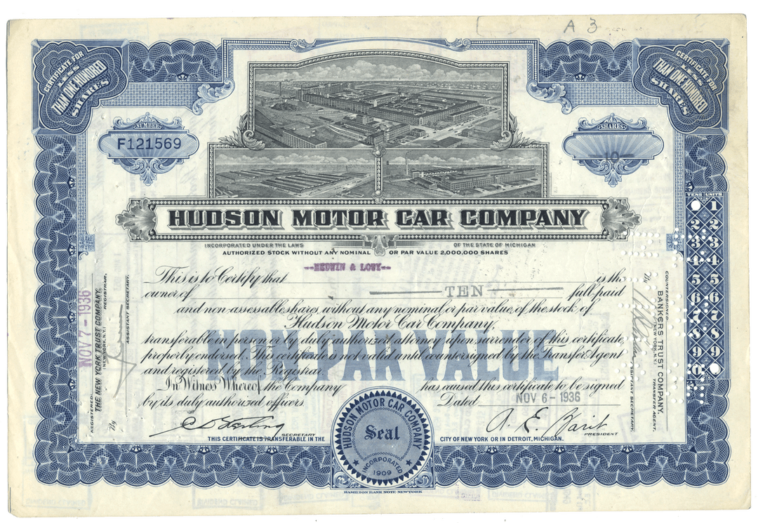 Hudson Motor Car Company stock certificate with blue and black design