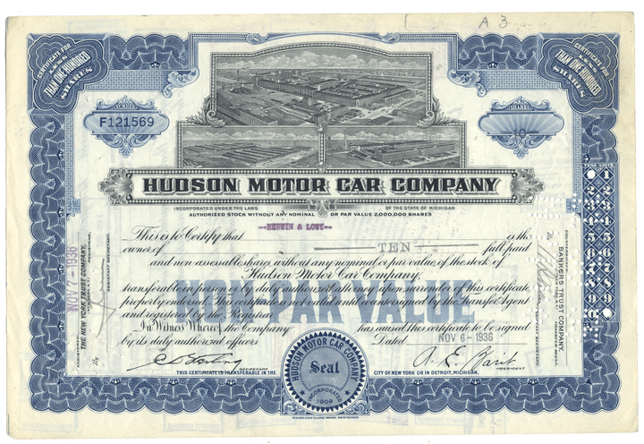 Hudson Motor Car Company stock certificate with blue and black design