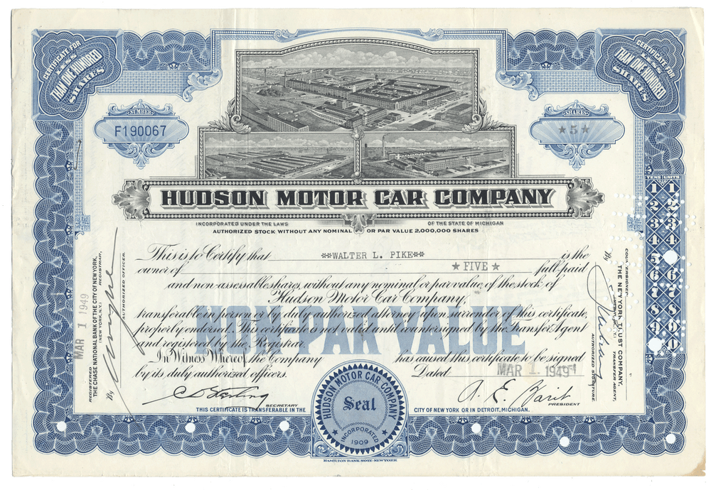 Hudson Motor Car Company stock certificate with detailed design and text.