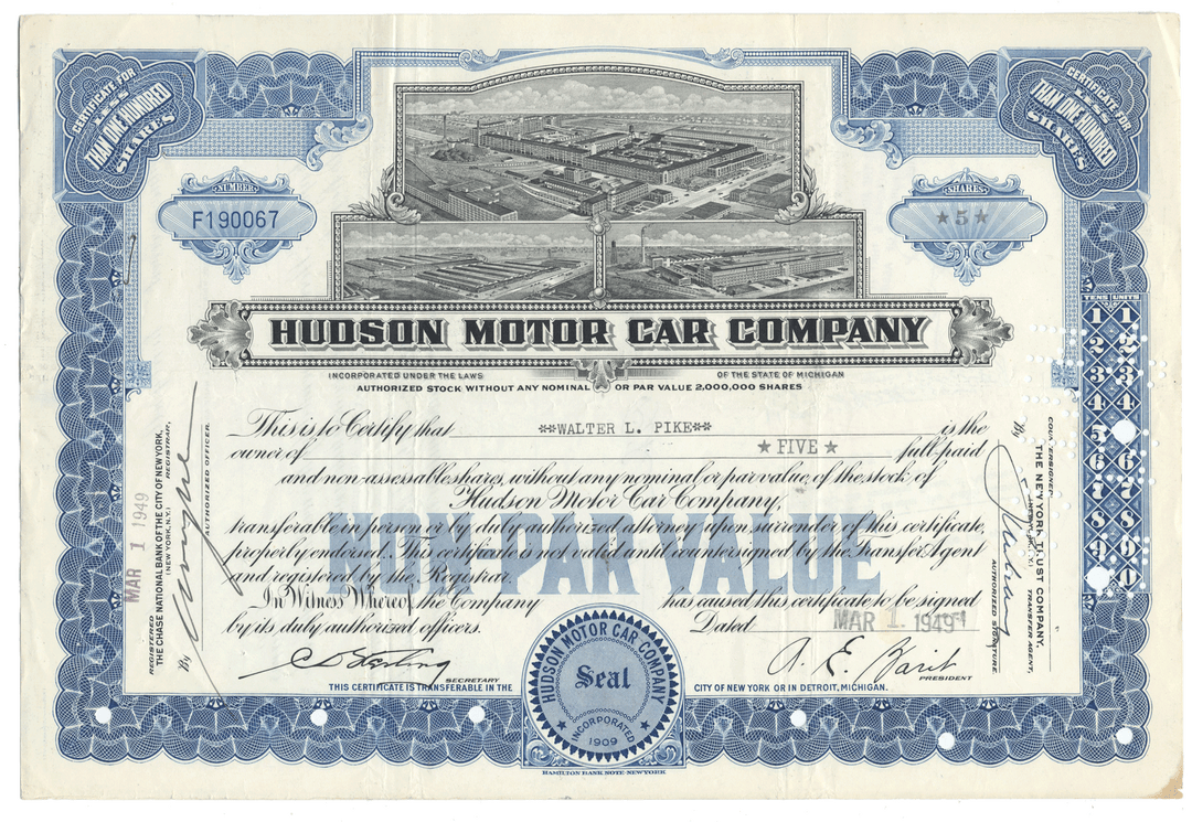 Hudson Motor Car Company stock certificate with detailed design and text.