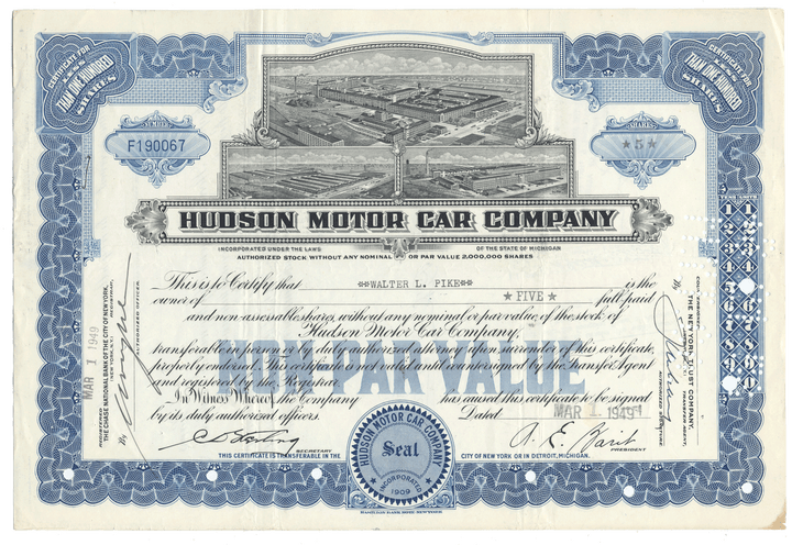 Hudson Motor Car Company stock certificate with detailed design and text.