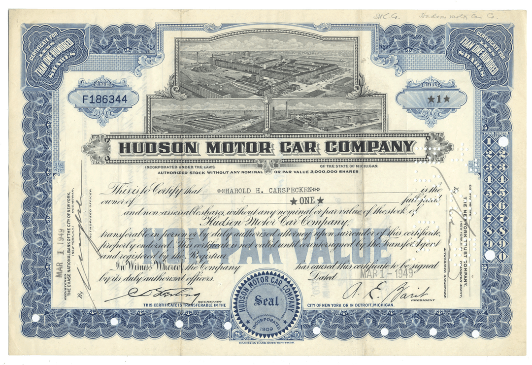 Hudson Motor Car Company stock certificate with detailed design and text.