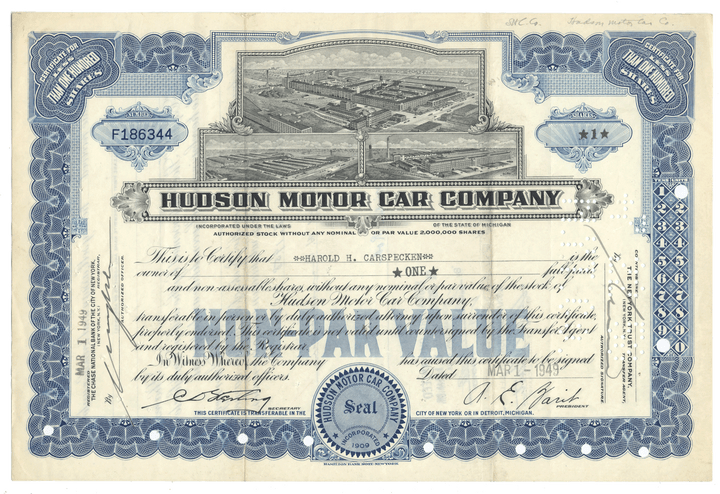 Hudson Motor Car Company stock certificate with detailed design and text.
