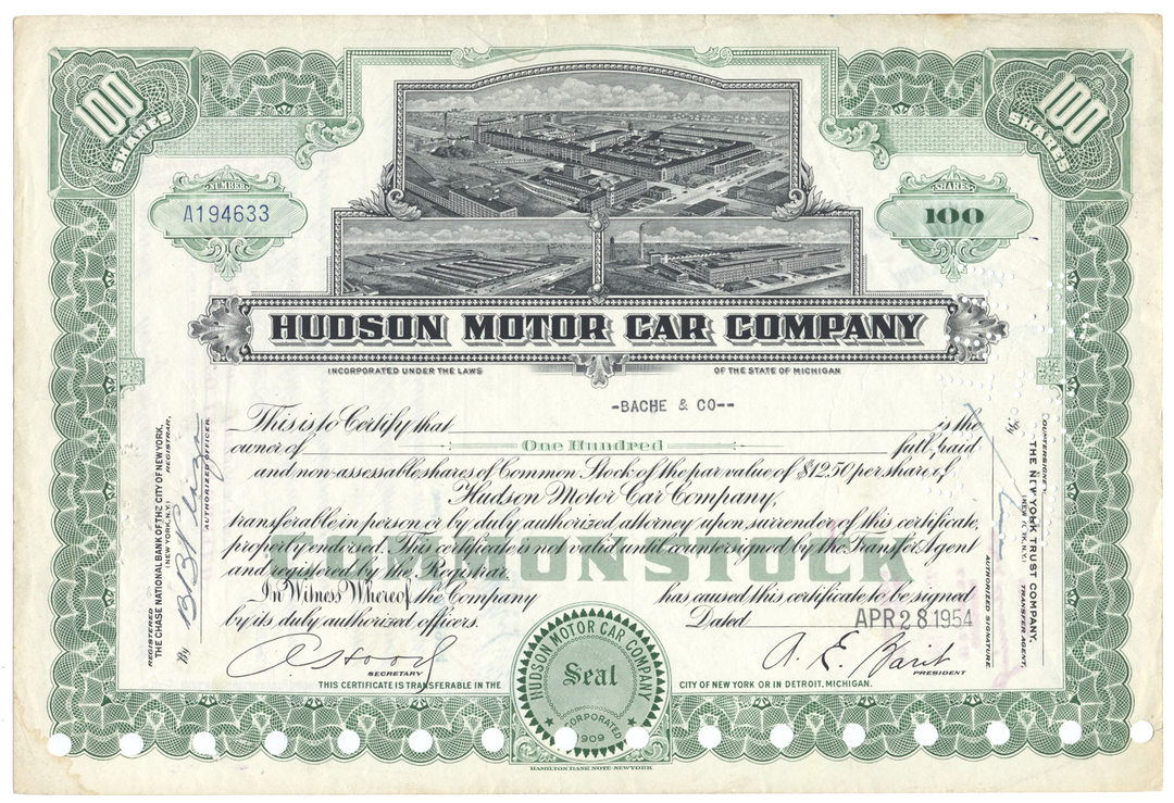 Hudson Motor Car Company Stock Certificate