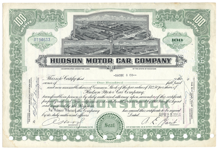 Hudson Motor Car Company Stock Certificate