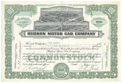 Hudson Motor Car Company Stock Certificate