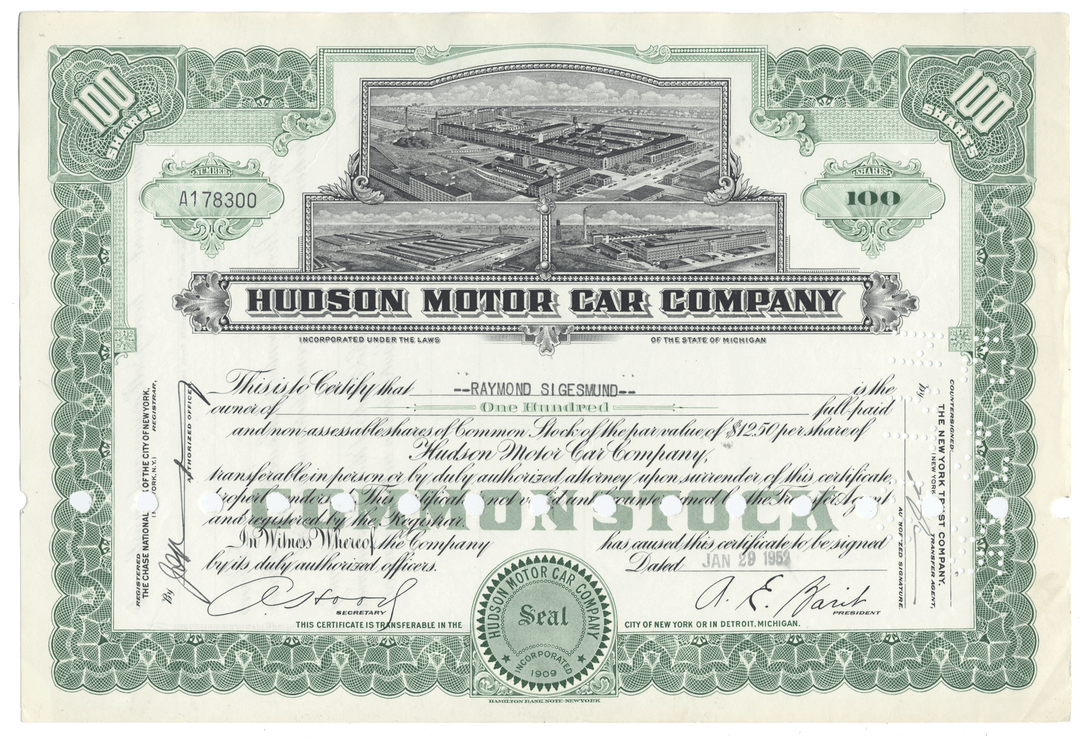Hudson Motor Car Company stock certificate with detailed design and text.