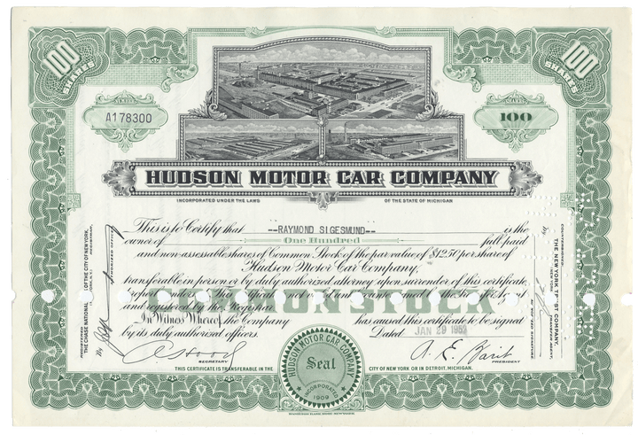 Hudson Motor Car Company stock certificate with detailed design and text.