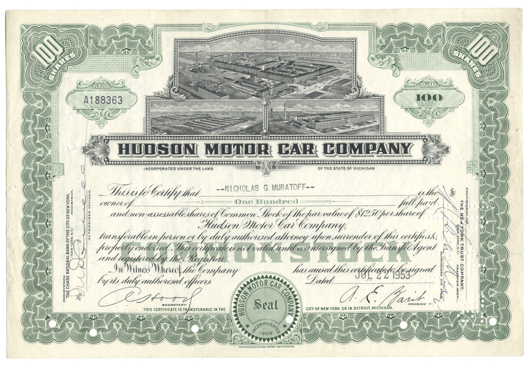 Hudson Motor Car Company Stock Certificate