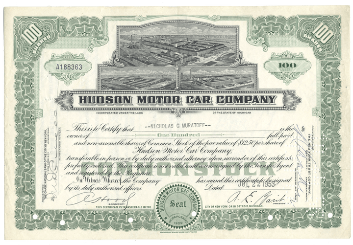 Hudson Motor Car Company Stock Certificate