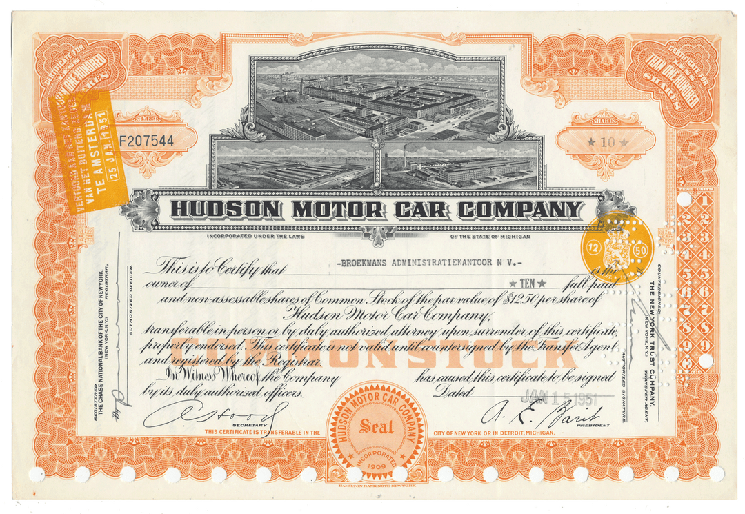 Hudson Motor Car Company stock certificate with decorative elements