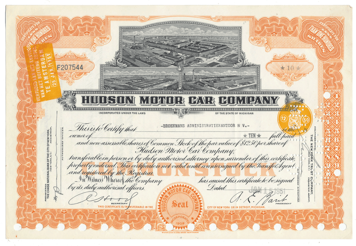 Hudson Motor Car Company stock certificate with decorative elements