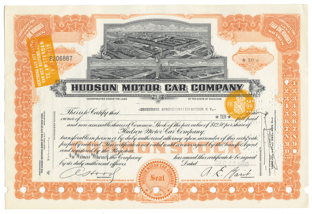 Hudson Motor Car Company stock certificate with decorative elements from 1950