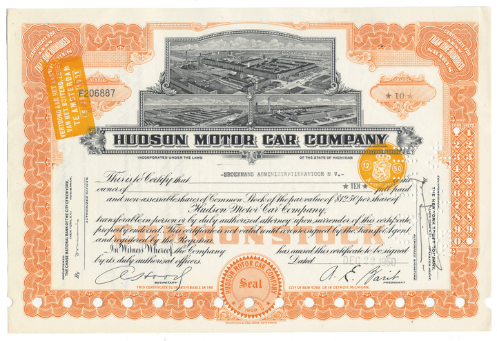 Hudson Motor Car Company stock certificate with decorative elements from 1950