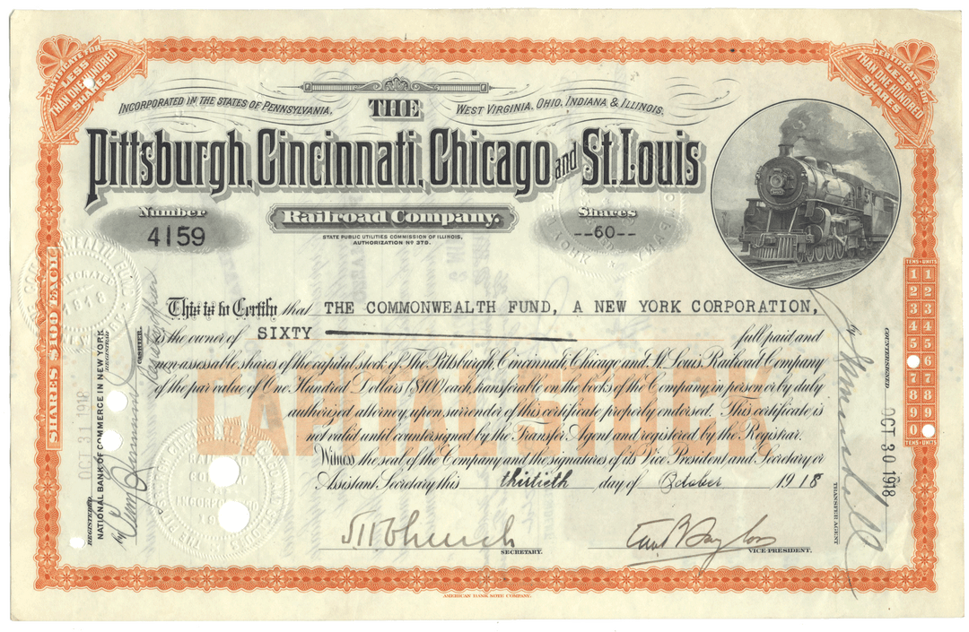 An antique stock certificate for the Pittsburgh, Cincinnati, Chicago and St. Louis Railroad Company from 1918 featuring revenue stamps on the verso
