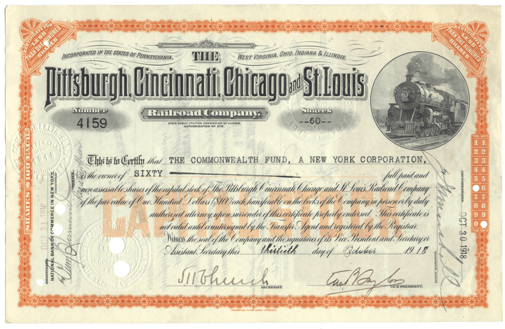 An antique stock certificate for the Pittsburgh, Cincinnati, Chicago and St. Louis Railroad Company from 1918 featuring revenue stamps on the verso
