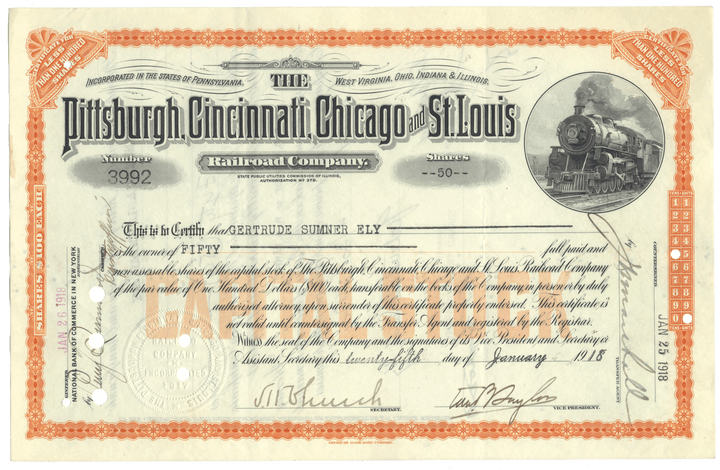 Historical stock certificate of the Pittsburgh, Cincinnati, Chicago and St. Louis Railroad Company with a train illustration dated 1918