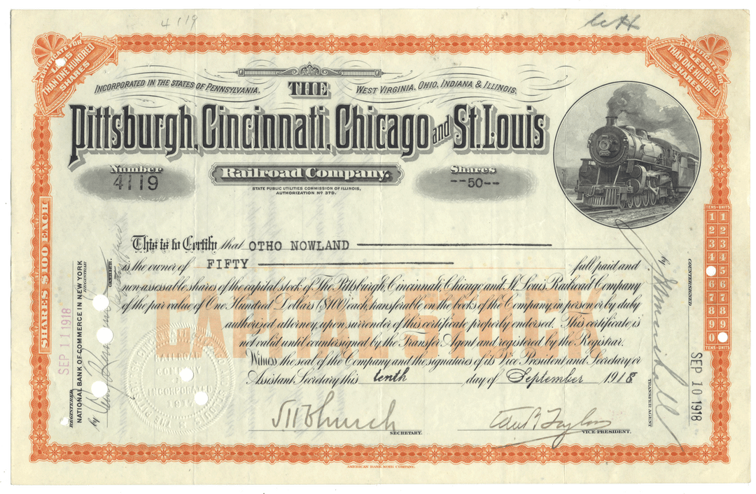 Historical stock certificate of the Pittsburgh, Cincinnati, Chicago and St. Louis Railroad Company with a train illustration from 1918