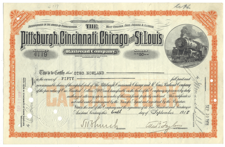 Historical stock certificate of the Pittsburgh, Cincinnati, Chicago and St. Louis Railroad Company with a train illustration from 1918