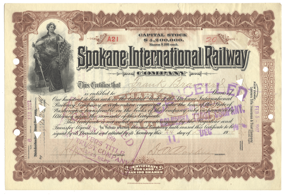 Spokane International Railway Company stock certificate from 1906