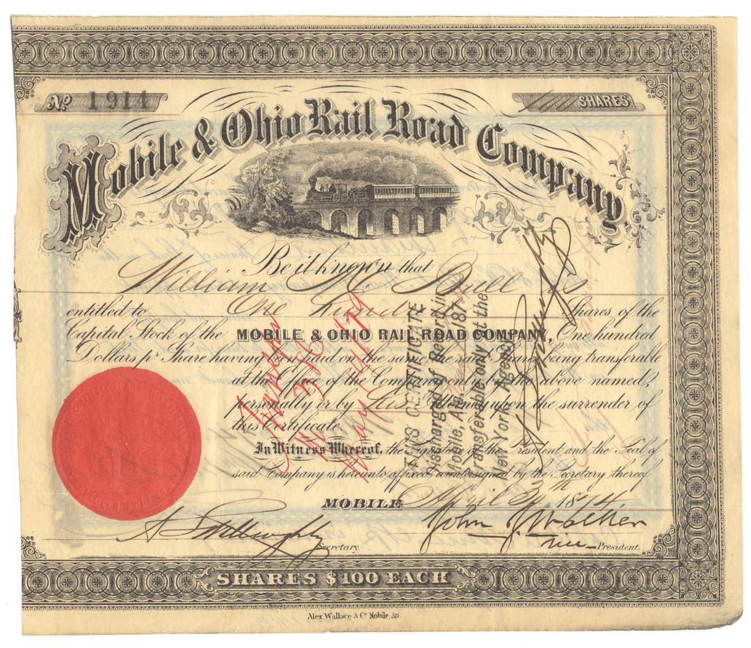 Vintage stock certificate of the Mobile & Ohio Rail Road Company with decorative elements and a red seal.