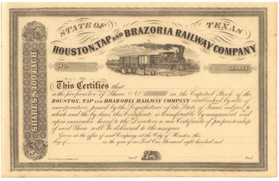 Houston, Tap and Brazoria Railway Company Stock Certificate