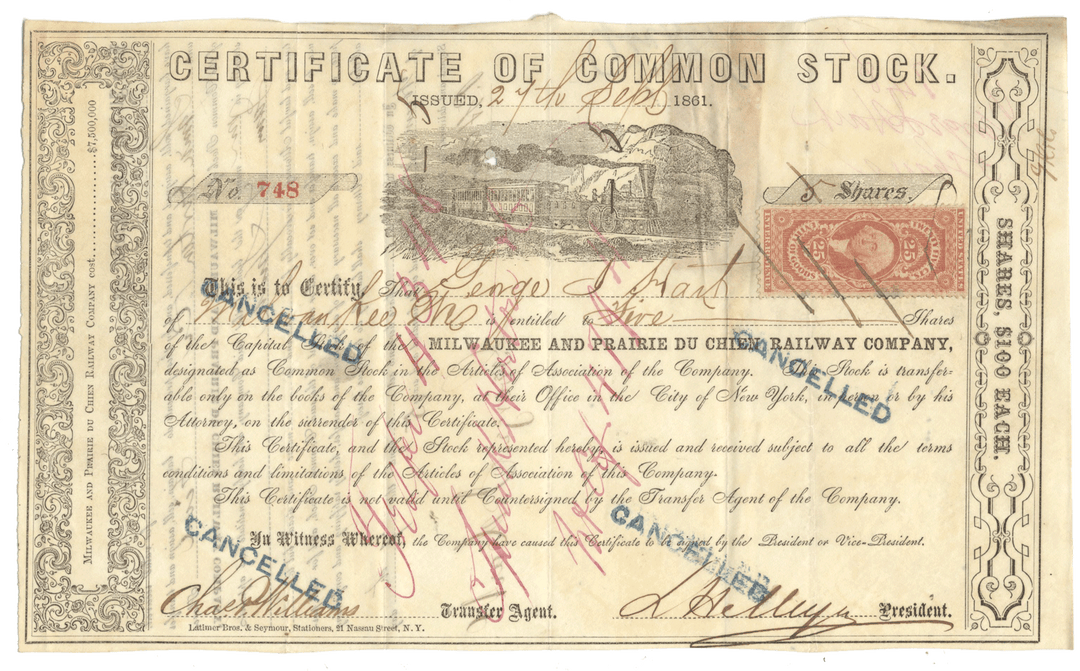Certificate of Common Stock from the Chicago, Milwaukeee and Prairie du Chien Railway Company with red stamps and signatures.
