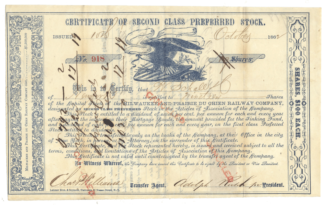 Milwaukee and Prairie du Chien Railway Company Stock Certificate