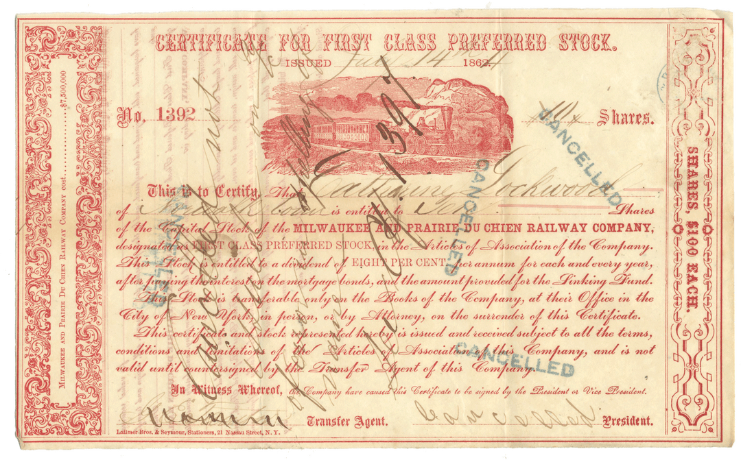 Milwaukee and Prairie du Chien Railway Company Stock Certificate