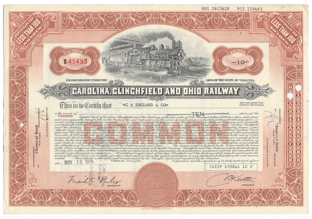 Vintage Carolina, Clinchfield and Ohio Railway stock certificate with train illustration from 1976
