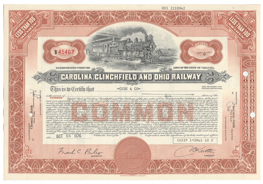 Carolina, Clinchfield and Ohio Railway certificate with decorative border and train illustration from 1976