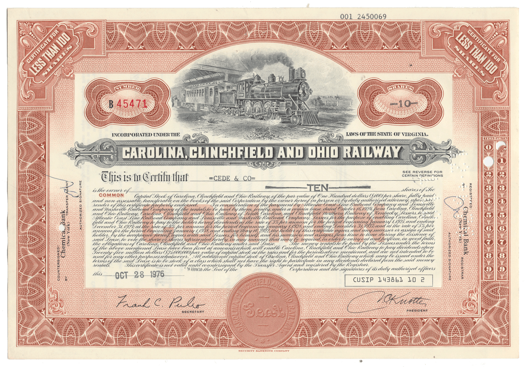 A vintage railroad stock certificate for the Carolina, Clinchfield and Ohio Railway from 1976