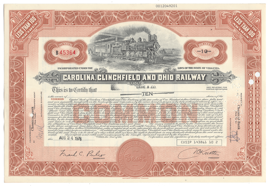 An antique stock certificate for the Carolina, Clinchfield and Ohio Railway from 1976 featuring a vintage steam locomotive illustration at the top