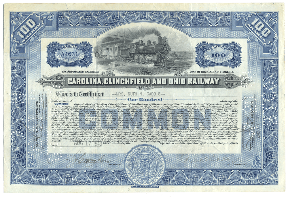 Carolina, Clinchfield and Ohio Railway common stock certificate with blue and white design.