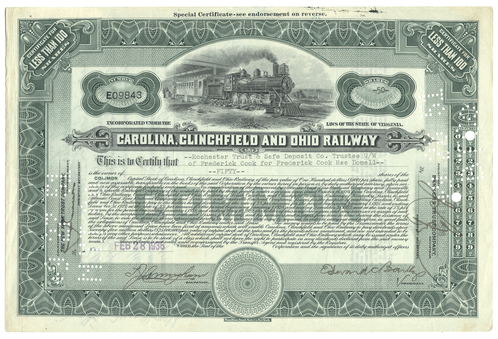 Carolina, Clinchfield and Ohio Railway common stock certificate
